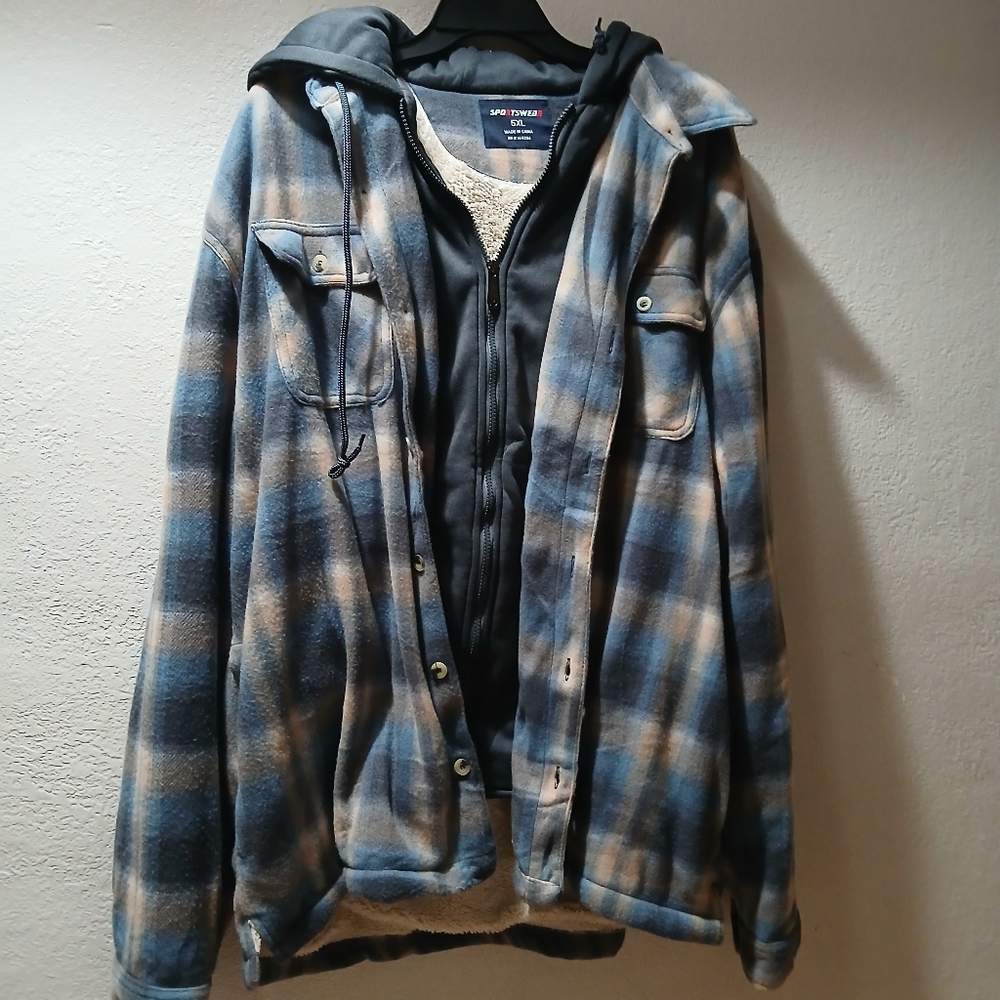 SportsGear size 5XL Plaid Hooded Shacket in Blue and Cream with Sherpa Lining